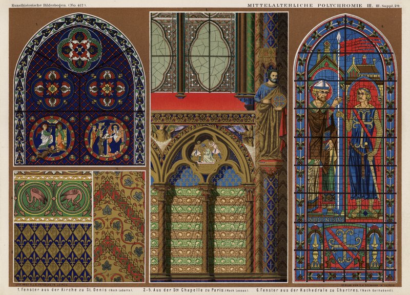 Średniowieczne witraże francuskie: Kościół św. Denisa, Paryż; Sainte-Chapelle, Paryż; Katedra w Chartres (kolor lito) autorstwa German School