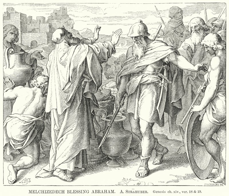 Melchizedech Blessing Abraham, Genesis, rozdz. XIV, w. 18 i 19 (rycina) autorstwa German School