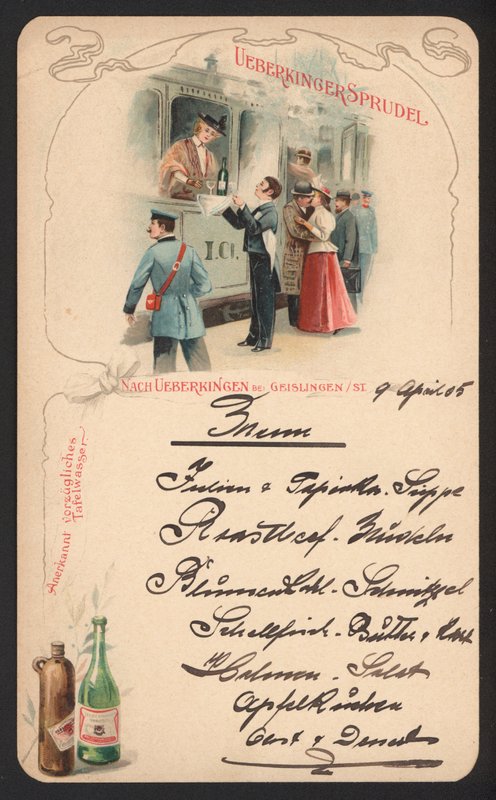 Karta menu reklamująca wodę mineralną gazowaną Ueberkinger (kolor lito) autorstwa German School