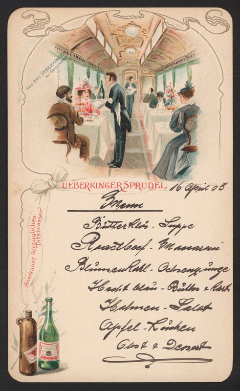 Karta menu reklamująca wodę mineralną gazowaną Ueberkinger (kolor lito) autorstwa German School