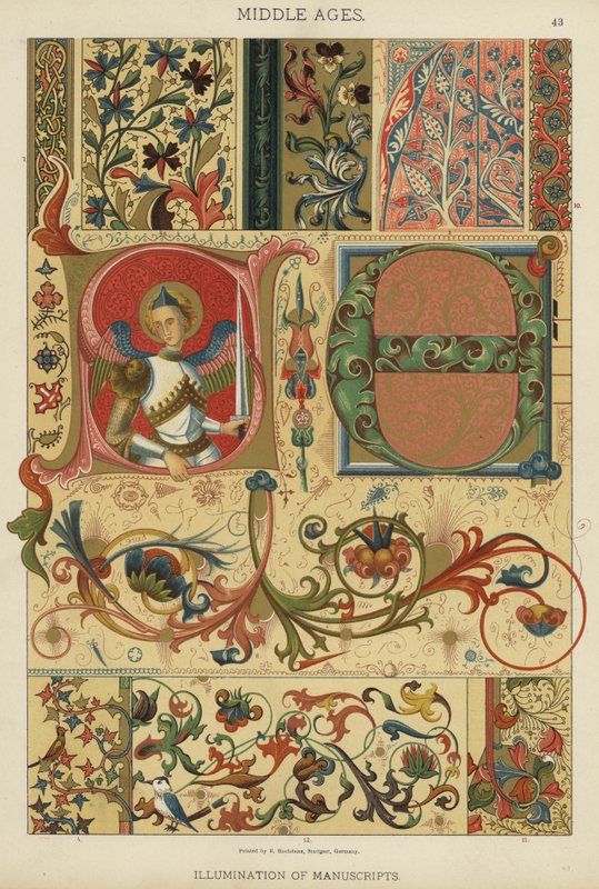Średniowiecze, Iluminacja rękopisów (litografia kolorowa) autorstwa German School