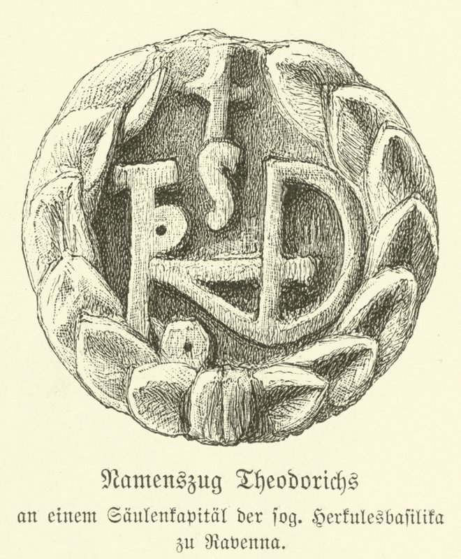 Monogram Teoderyka Wielkiego, króla Ostrogotów (rycina) autorstwa German School