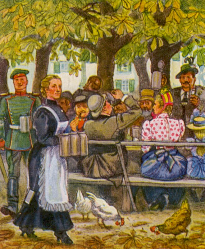 Munchener Sommerkeller / Monachijska Piwnica Letnia (kolorowa litografia) autorstwa German School