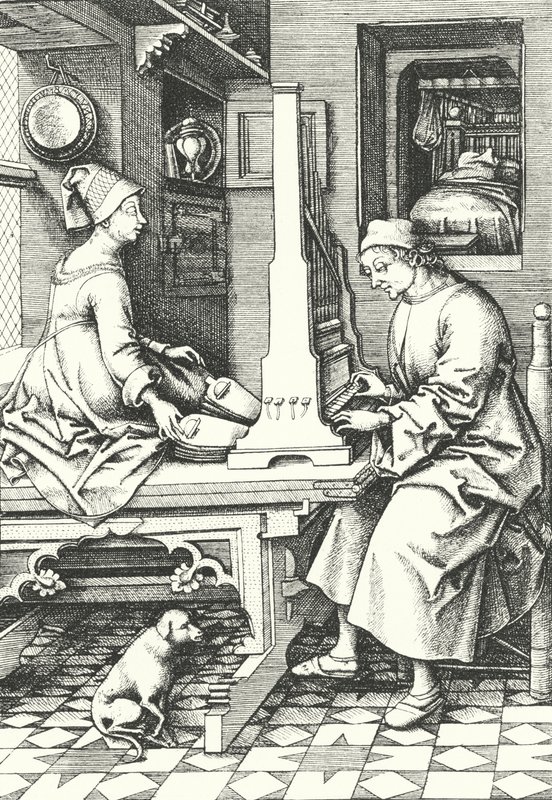 Muzycy grający na organach w wiejskim domu w XV w. (rycina) autorstwa German School