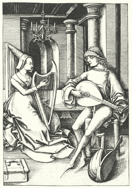 Muzycy grający na lutni i harfie w wiejskim domu w XV w. (ryty) autorstwa German School