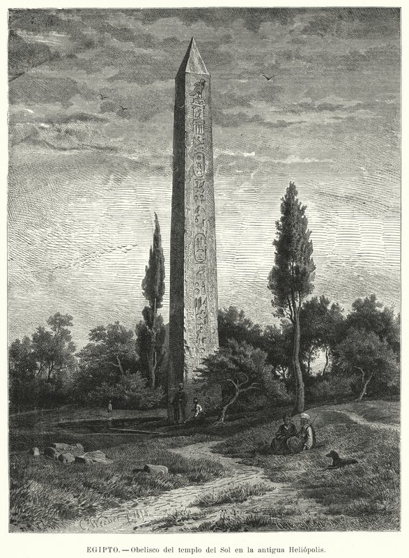 Obelisk starożytnej egipskiej świątyni słońca w Heliopolis (litos) autorstwa German School