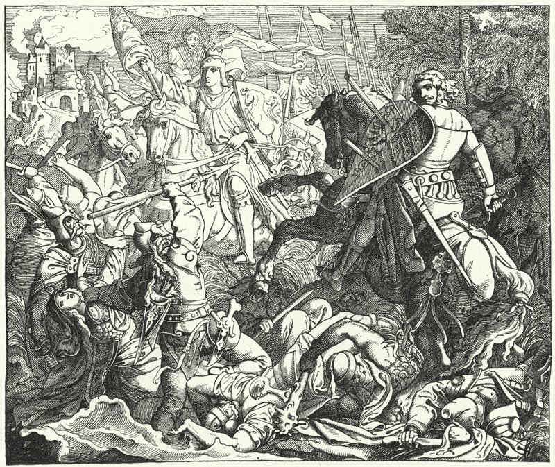Otto I z Niemiec pokonując Madziarów w bitwie pod Lechfeld, 955 (grafika) autorstwa German School