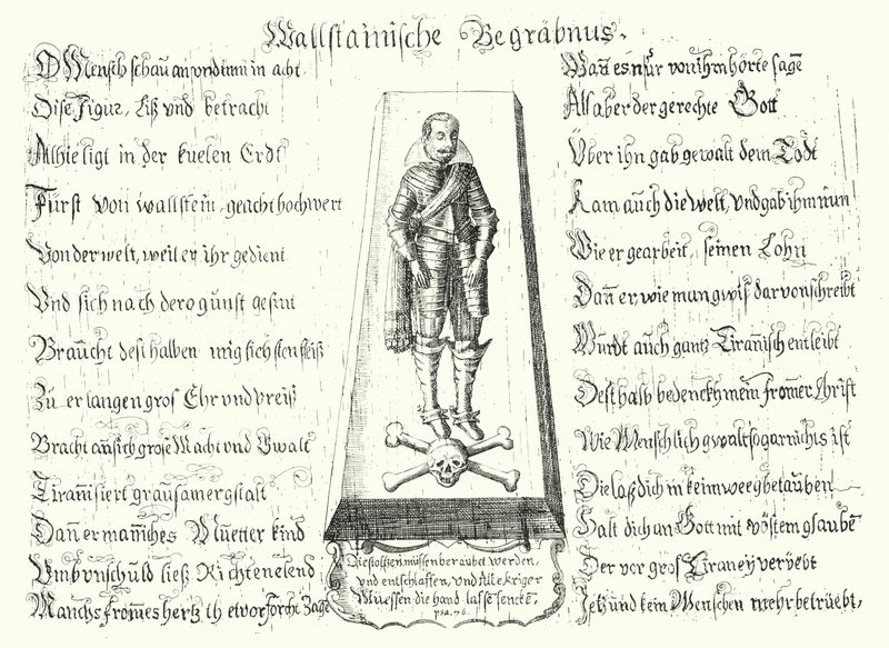 Broszura wydana ku pamięci zamordowanego czeskiego dowódcy wojskowego Albrechta von Wallensteina (rycina) autorstwa German School