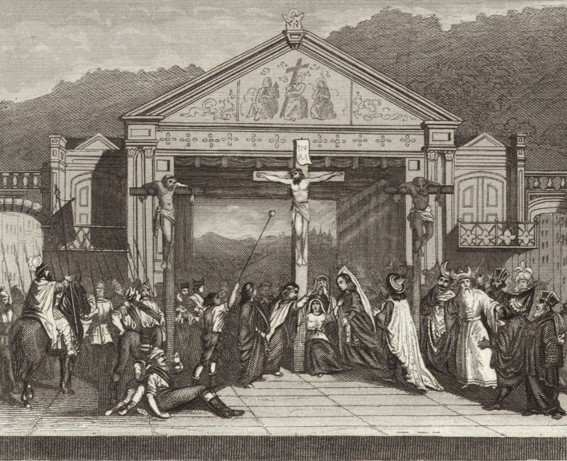 Pasja w Oberammergau, Bawaria, Niemcy. Ilustracja do Atlasu Bilder (grawerowanie) autorstwa German School