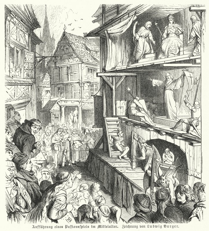 Przedstawienie sztuki pasyjnej w średniowieczu (grafika) autorstwa German School