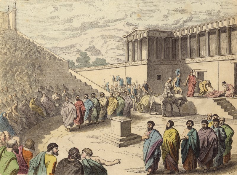 Przedstawienie sztuki Agamemnon w teatrze w starożytnej Grecji (kolorowa rycina) autorstwa German School