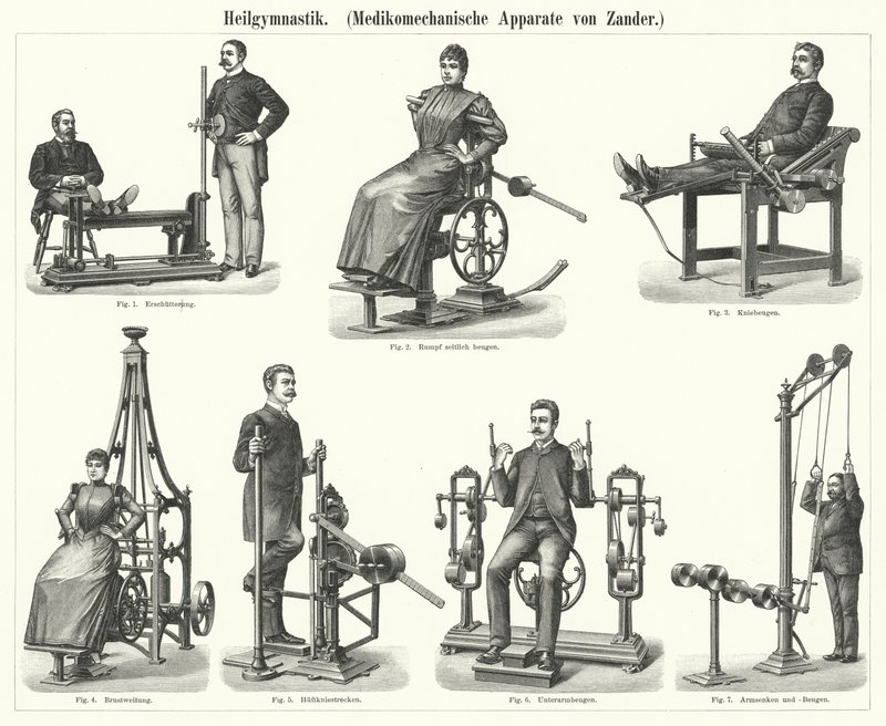 Fizjoterapia: aparat do mechanoterapii wymyślony przez szwedzkiego lekarza i ortopedę Gustava Zandera (grafika) autorstwa German School