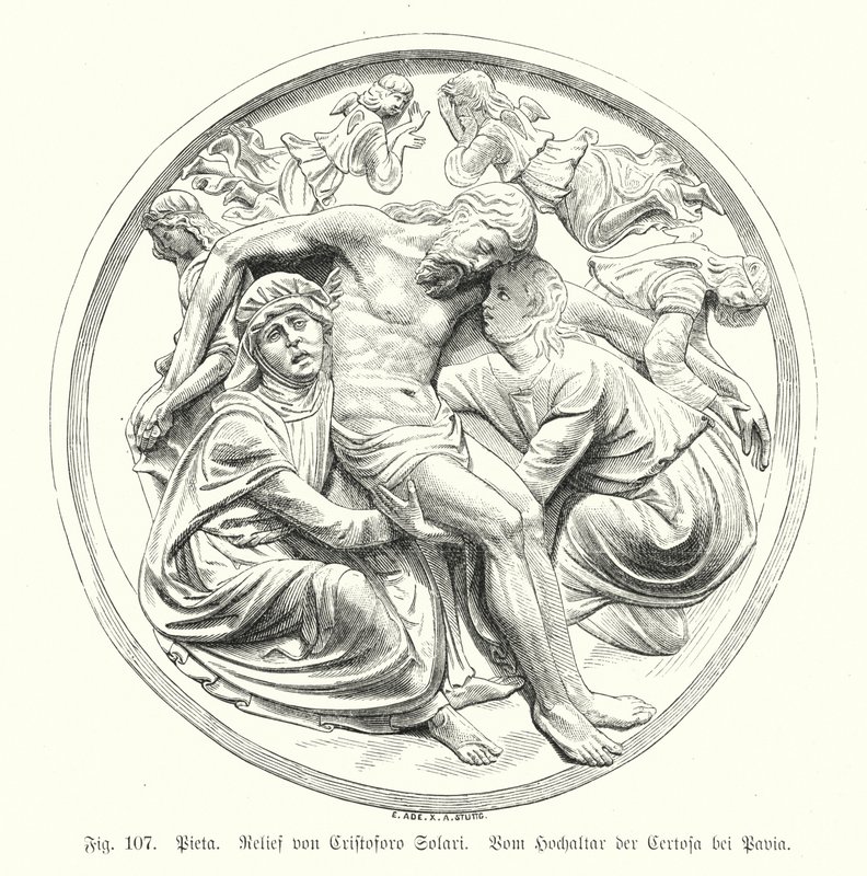 Pieta, płaskorzeźba Cristoforo Solari z ołtarza głównego Certosa di Pavia, Włochy (rycina) autorstwa German School