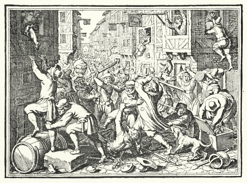 Splądrowanie Judengasse, żydowskiego getta we Frankfurcie, podczas powstania Fettmilch, 1614 autorstwa German School