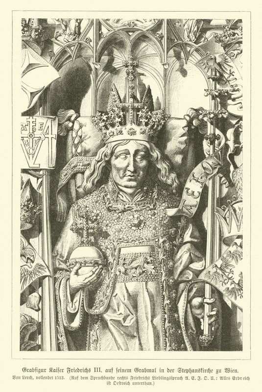 Portret świętego cesarza rzymskiego Fryderyka III z jego grobu w katedrze św. Szczepana w Wiedniu (rycina) autorstwa German School