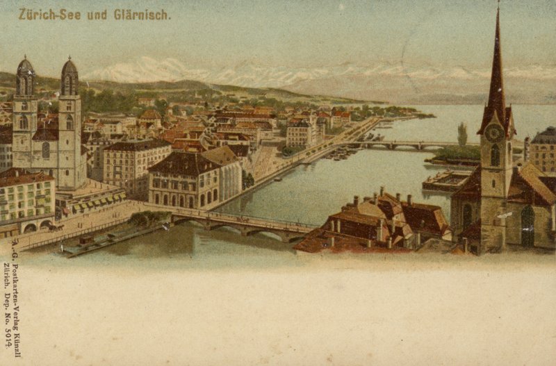 Pocztówka przedstawiająca ogólny widok miasta Zurych autorstwa German School