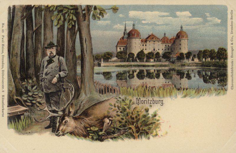 Pocztówka przedstawiająca mężczyznę z zastrzelonym jeleniem na tle zamku Moritzburg autorstwa German School