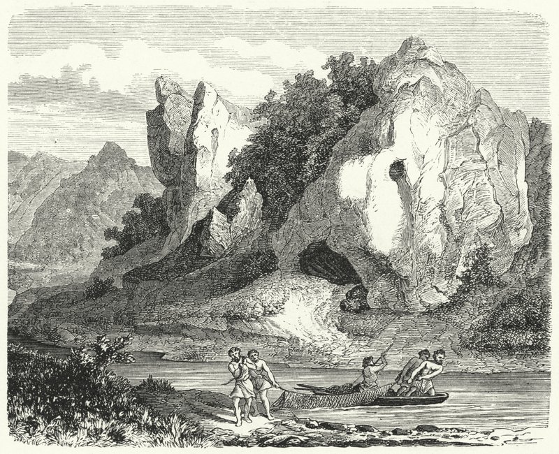 Prehistoryczni mężczyźni łowiący sieciami (rycina) autorstwa German School