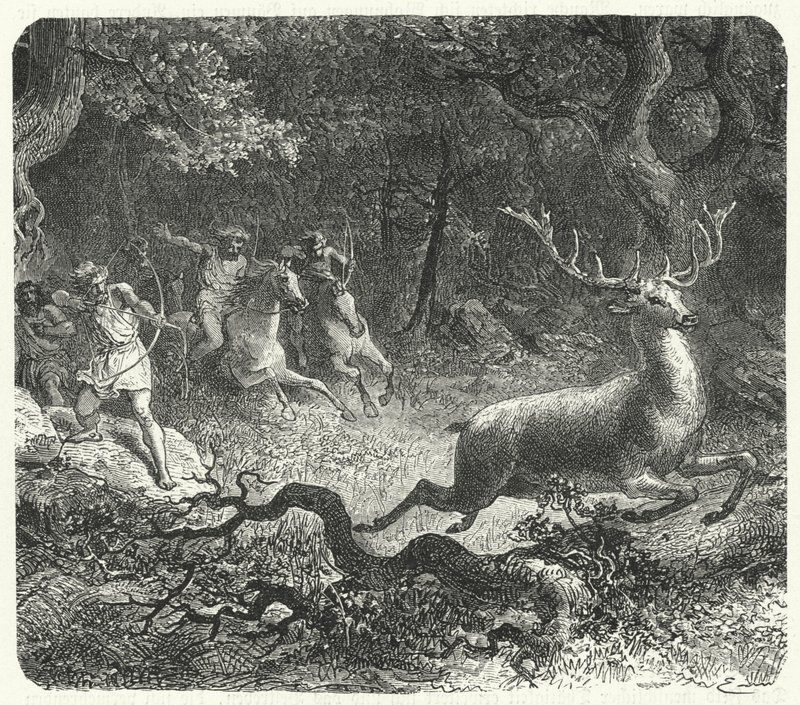 Prehistoryczni mężczyźni używający koni do polowania (rycina) autorstwa German School