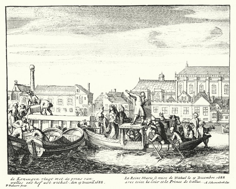 Królowa Maria, małżonka króla Jakuba II, uciekająca z Anglii z księciem Walii i całym jej dworem, grudzień 1688 (rycina) autorstwa German School