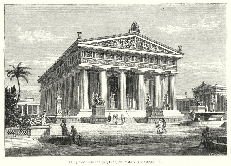 Rekonstrukcja starożytnej greckiej świątyni Posejdona, Paestum, Włochy (lito) autorstwa German School