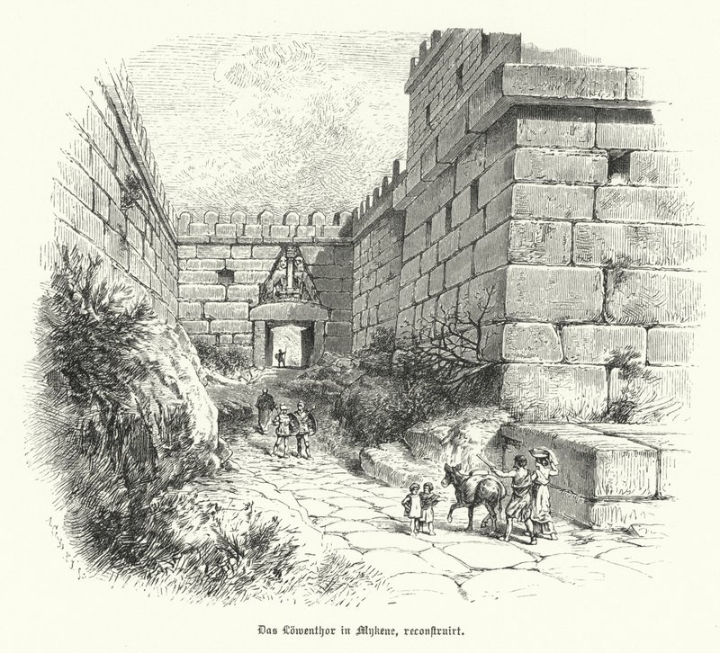 Rekonstrukcja Bramy Lwa, wejście do cytadeli w Mykenach, Grecja (rycina) autorstwa German School