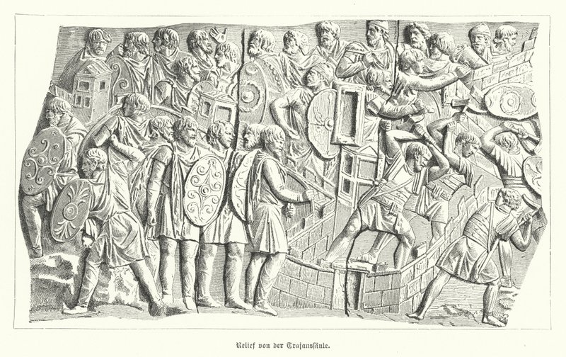 Relief z kolumny Trajana, Rzym, przedstawiający Rzymian pokonujących Daków (rycina) autorstwa German School