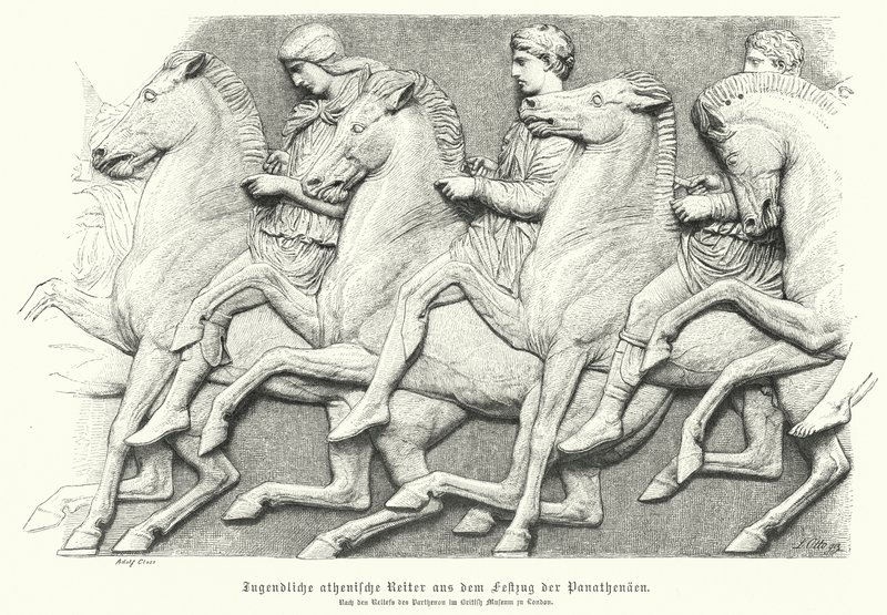 Relief z fryzu Partenonu przedstawiający ateńską młodzież jadącą konno (rycina) autorstwa German School