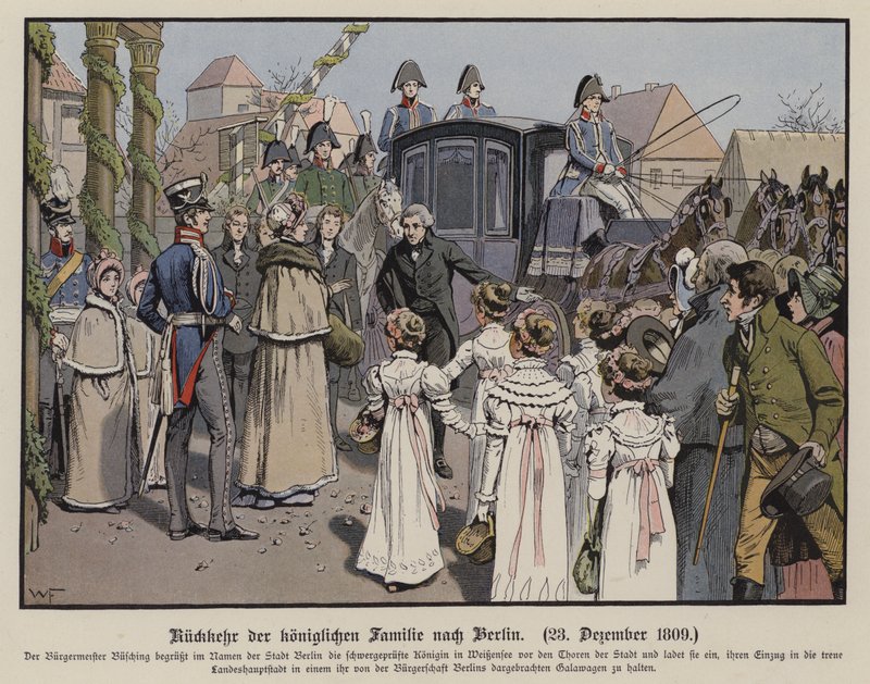 Powrót pruskiej rodziny królewskiej do Berlina, 23 grudnia 1809 (kolor lito) autorstwa German School