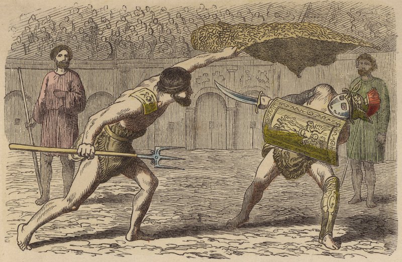 Gladiatorzy rzymscy: retiarius walczący z Samnitem (kolorowa grawerunek) autorstwa German School