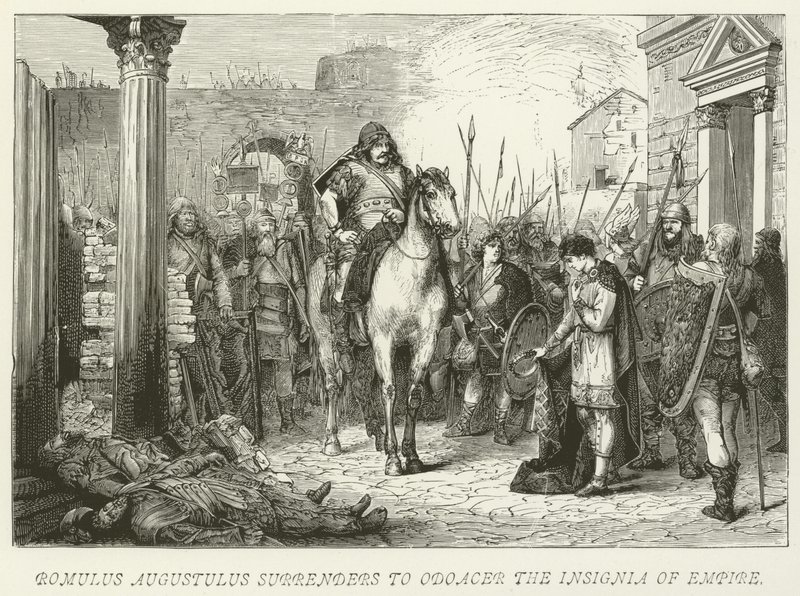 Romulus Augustulus poddaje się Odoacerowi, Insygniom Imperium autorstwa German School