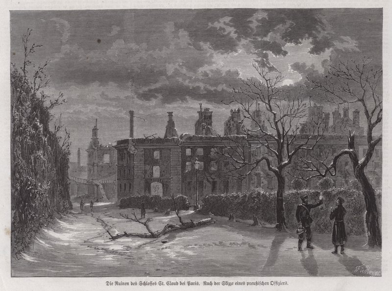 Ruiny zamku Chateau de Saint-Cloud, Paryż, zniszczone przez pruski ostrzał w 1870 roku podczas wojny francusko-pruskiej (rycina) autorstwa German School