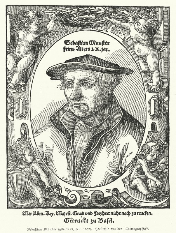 Sebastian Muenster, niemiecki kartograf, kosmograf i autor Kosmografii, najwcześniejszego dzieła opisującego świat po niemiecku (grafika) autorstwa German School