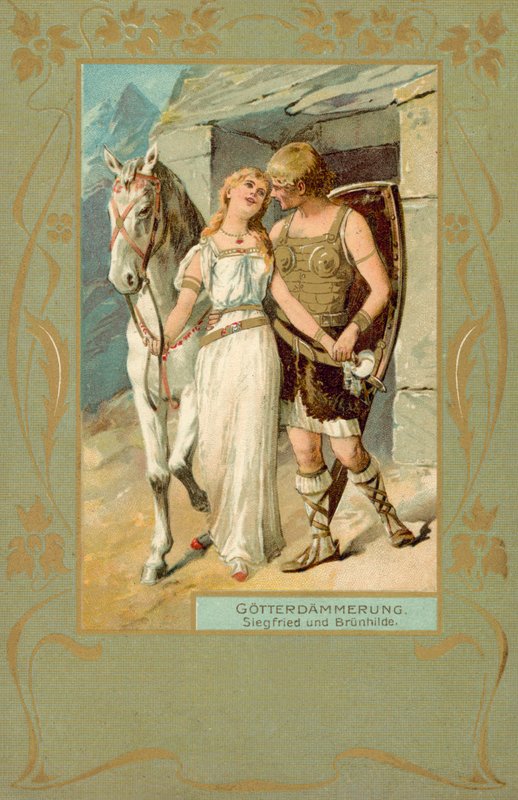 Zygfryd i Brunnhilda w scenie z Gotterdammerung (chromolitografia) autorstwa German School