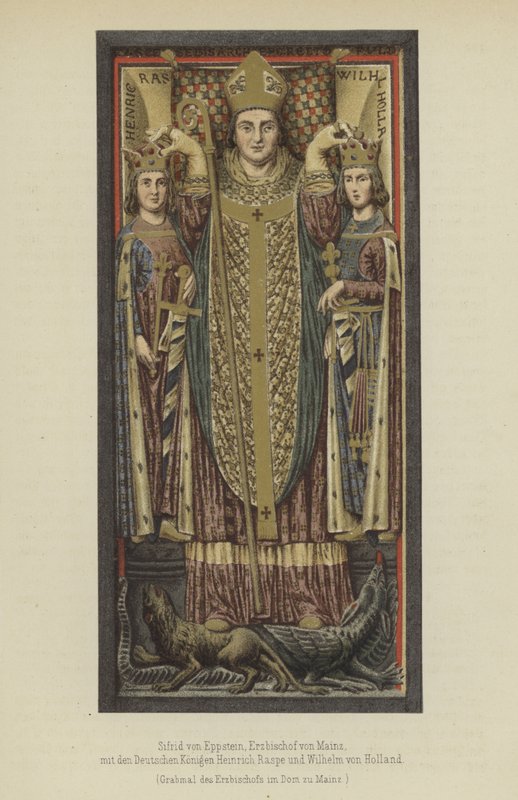 Siegfried von Eppstein, arcybiskup Moguncji od 1230 do 1249 roku, z niemieckimi królami Henrykiem Raspe, landgrafem Turyngii i Wilhelmem II holenderskim, hrabią Holandii i Zelandii (kolor lito) autorstwa German School