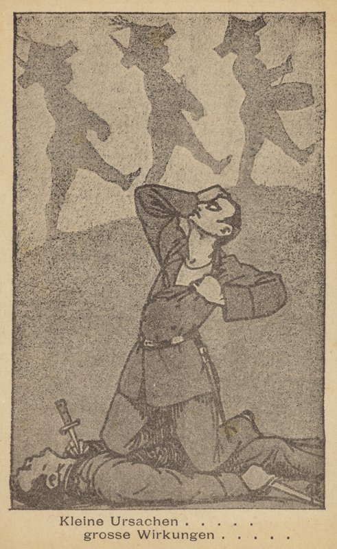 Małe przyczyny - wielkie skutki. Niemiecka ilustracja antywojenna, wydana przez WILPF (Międzynarodową Ligę Kobiet na rzecz Pokoju i Wolności), koniec lat dwudziestych (litografia). autorstwa German School