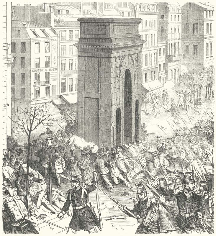 Żołnierze na ulicach Paryża podczas francuskiego zamachu stanu w grudniu 1851 r. (rycina) autorstwa German School