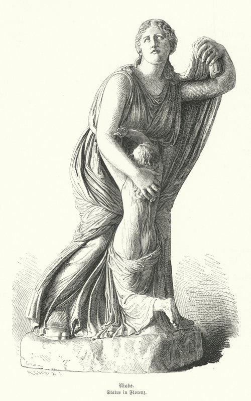 Statua Niobe chroniąca jedno ze swoich dzieci przed Artemidą i Apollem (rycina) autorstwa German School
