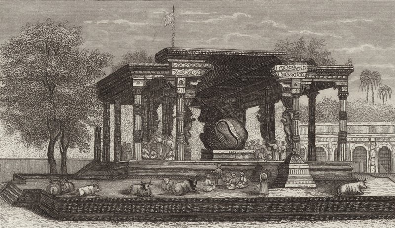 Statua świętego byka Nandi w hinduskiej świątyni w Tanjore w Indiach. Ilustracja do Atlasu Bilder (grawerowanie) autorstwa German School