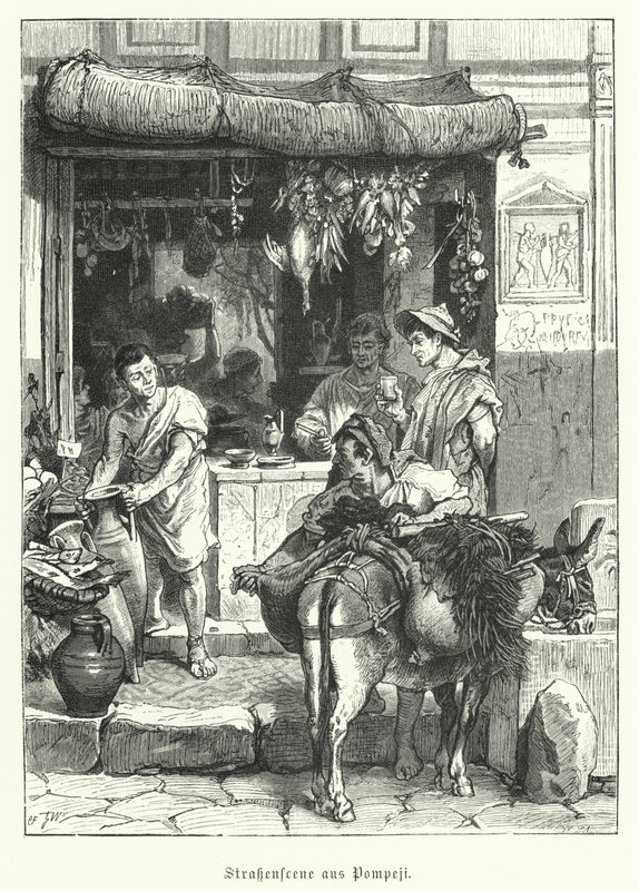 Scena uliczna w starożytnym rzymskim mieście Pompeje (rycina) autorstwa German School