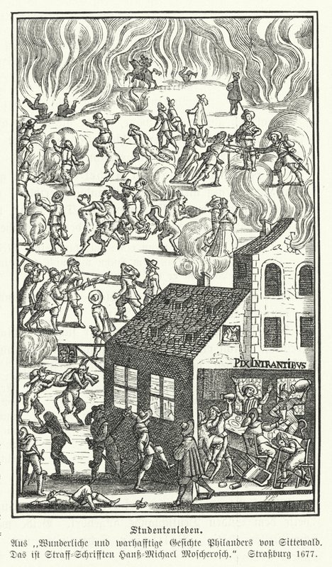 Życie studenckie: scena z Blicke Philanders von Sittewald, Johann Michael Moscherosch (rycina) autorstwa German School