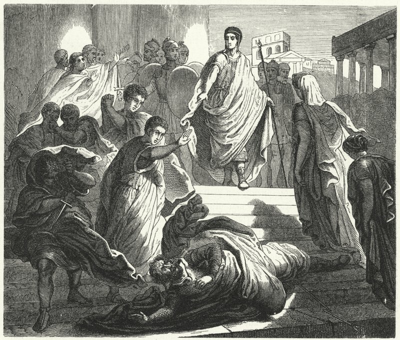 Tarquinius Superbus zabija swojego teścia Serviusa Tullusa, aby objąć tron ​​rzymski (rycina) autorstwa German School