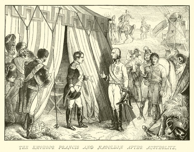 Cesarz Franciszek i Napoleon po Austerlitz autorstwa German School
