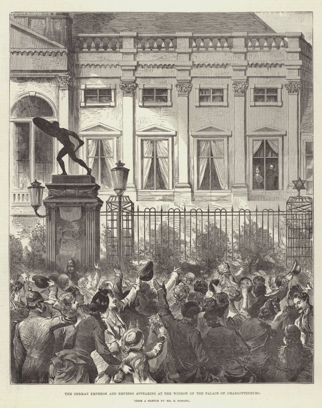 Cesarz i Cesarzowa Niemiec w oknie Pałacu Charlottenburg (rycina) autorstwa German School