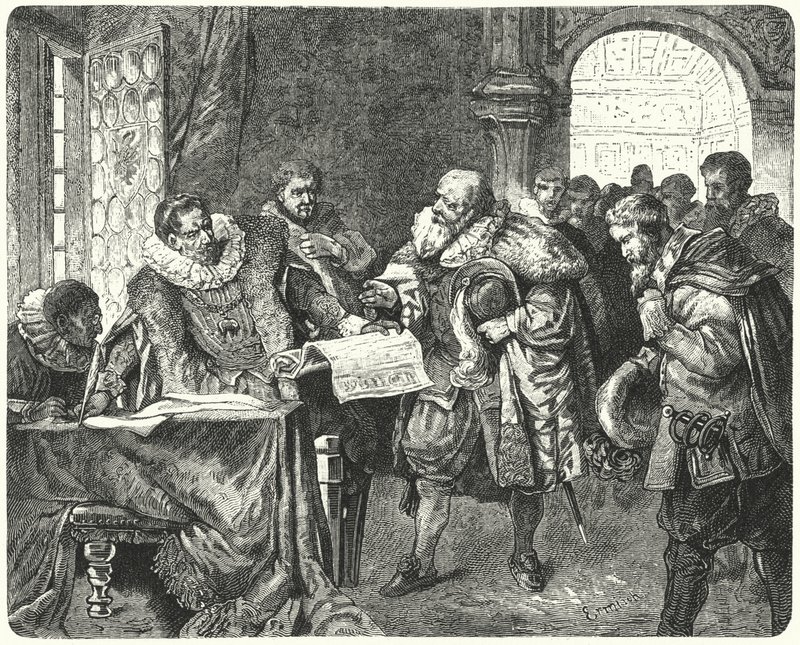 Cesarz Rzymski Rudolf II przyznający czeskim protestantom większą swobodę religijną w swoim Liście Królewskim autorstwa German School
