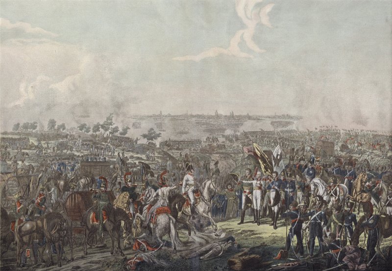 Książę Schwarzenberg przynoszący sprzymierzonym władcom wiadomość o zwycięstwie w bitwie pod Lipskiem wieczorem 18 października 1813 r. autorstwa German School