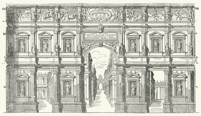 Teatro Olimpico („Teatr Olimpijski”) w Vicenzy w północnych Włoszech (rycina) autorstwa German School