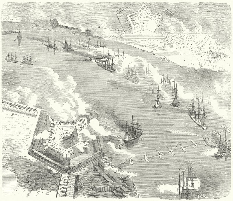 Flota Unii atakująca Fort Jackson i Fort St Philip w stanie Luizjana, wojna secesyjna, 1862 r. autorstwa German School
