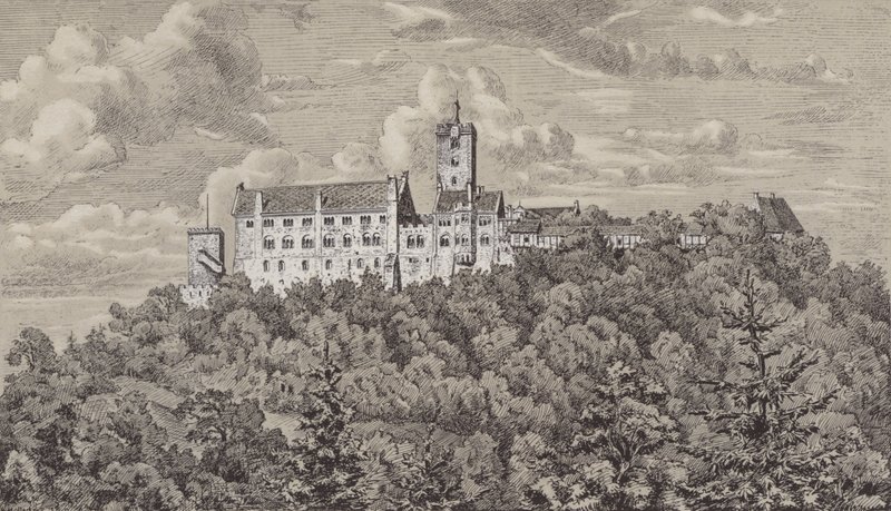 Wartburg, zamek z widokiem na miasto Eisenach, Turyngia, Niemcy (lito) autorstwa German School