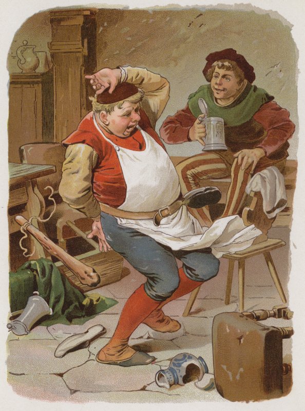 Stół życzeń, złoty osioł i pałka w worku (chromolitho) autorstwa German School